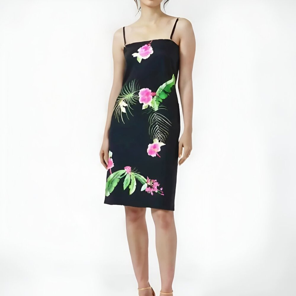 CJ Laing Embroidered Floral Black Pink Green Asian Silk Sheath Cocktail Dress 2